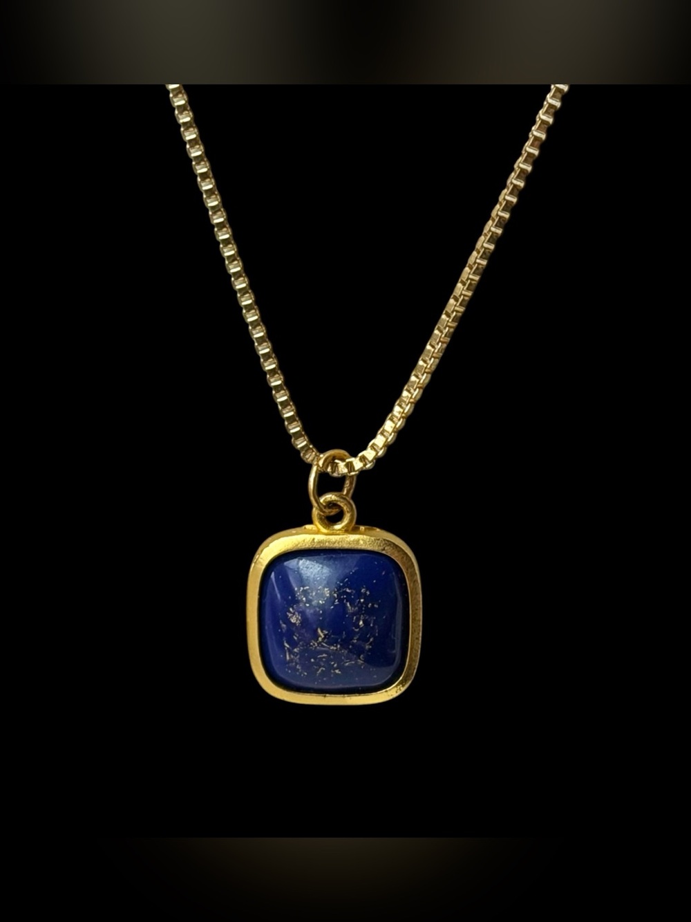 Sleek Cabochon Lapis Lazuli Square Pendant w/ Square Box Chain Necklace